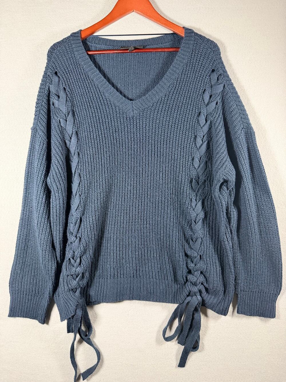 Lane Bryant Womens Plus 18/20 Blue Lace Up V-Neck Chunky Knit Sweater